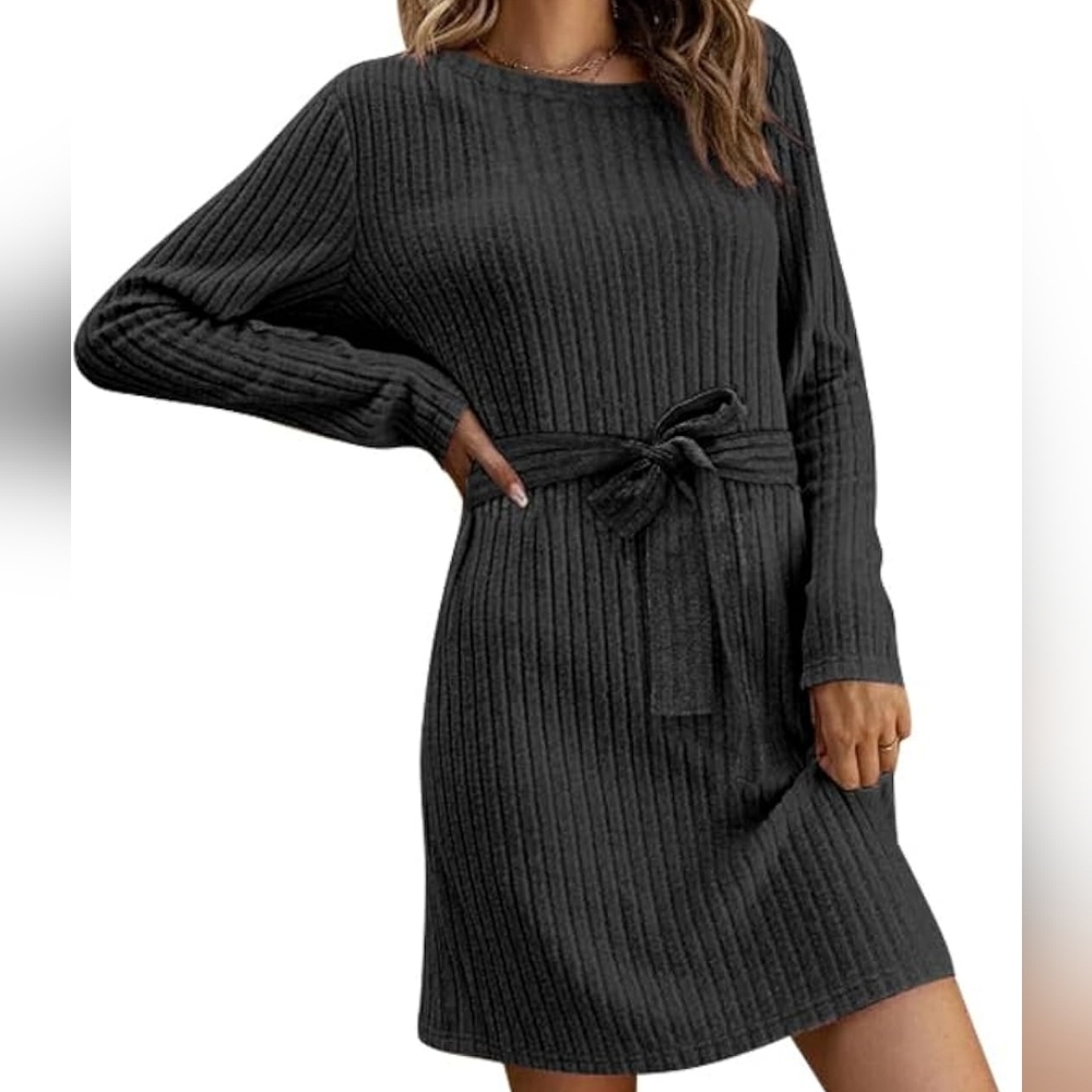 Chic Black Ribbed Knit Dress with Belt